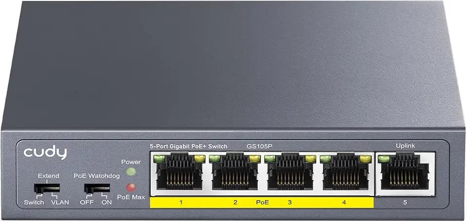 Cudy 5-Port Gigabit PoE+ Unmanaged Switch, 4 PoE+ und 1 Uplink, GS105P