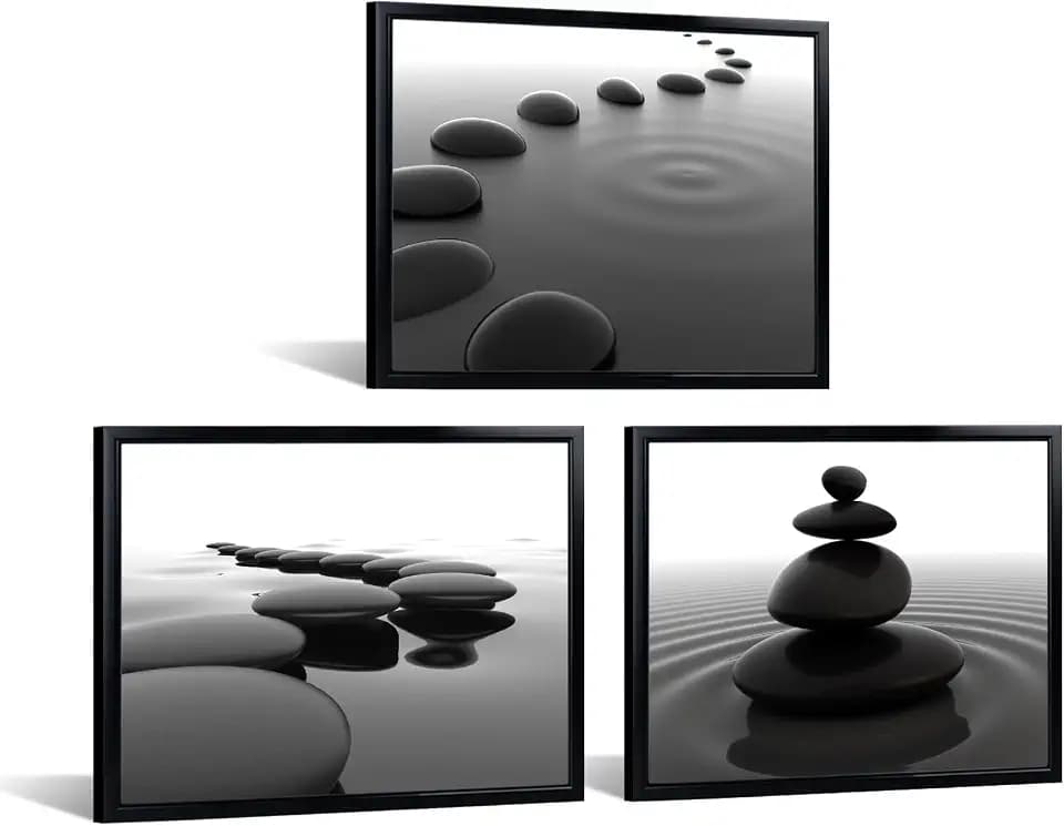 iKNOW FOTO 3pcs Black and White Zen Wall Art Stones in Water Canvas Prints with Black Frame for Bathroom Yoga Meditation Spa Living Room Bedroom Wall Decor Framed Ready to Hang 12x16 Inches