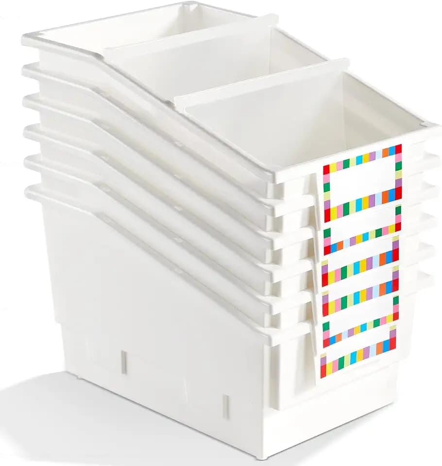 6 Pack Picture Book Bins with Dividers Plastic Book Holders with Labels Stackable Classroom Organization Bins Magazine File Binder Holder Storage Container for Classroom Library Home Office(White)
