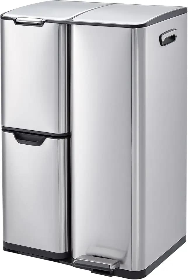 Garvee 3 Compartment Trash Can, 16 Gal Garbage and Recycle Bin Combo