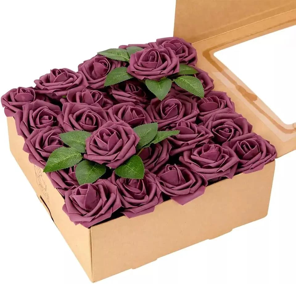 Artificial Purple Foam Roses with Stems & Leaves - Pack of 50, Perfect for Wedding Centerpieces, Event Decor, DIY Bouquets, and More