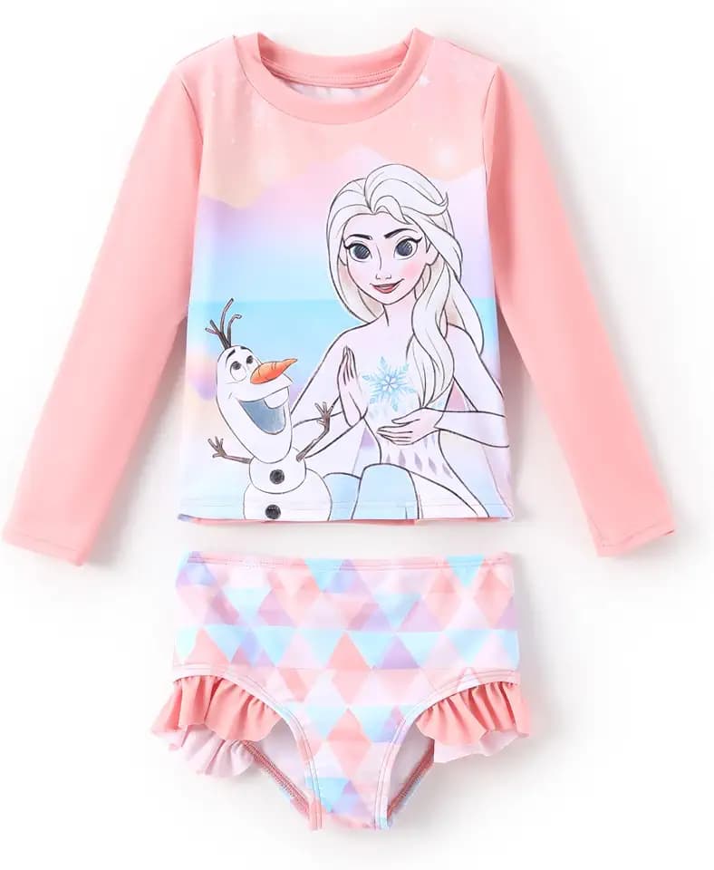 Disney Frozen Elsa Stitch Marvel Toddler Girl Two Piece Long Sleeve UPF50+ Swimsuit Rashguard Sets Bathing Suit