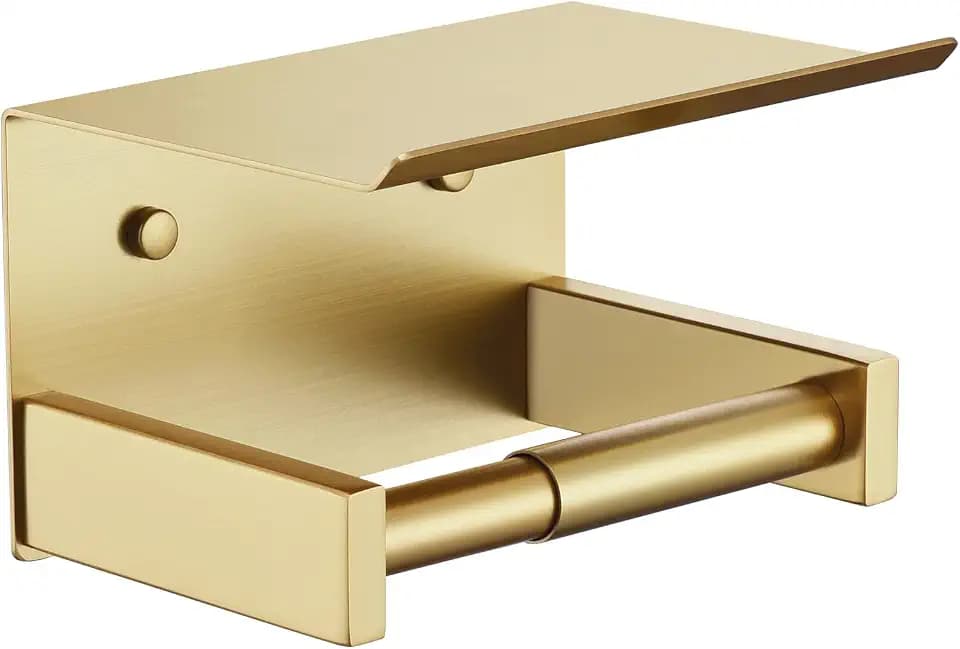 KOKOSIRI Roll Paper Holder Spring Loaded Tissue Paper Holder Bathroom Toilet Roll Holder with Shelf Wall Mounted Stainless Steel Brushed Gold B2012BG
