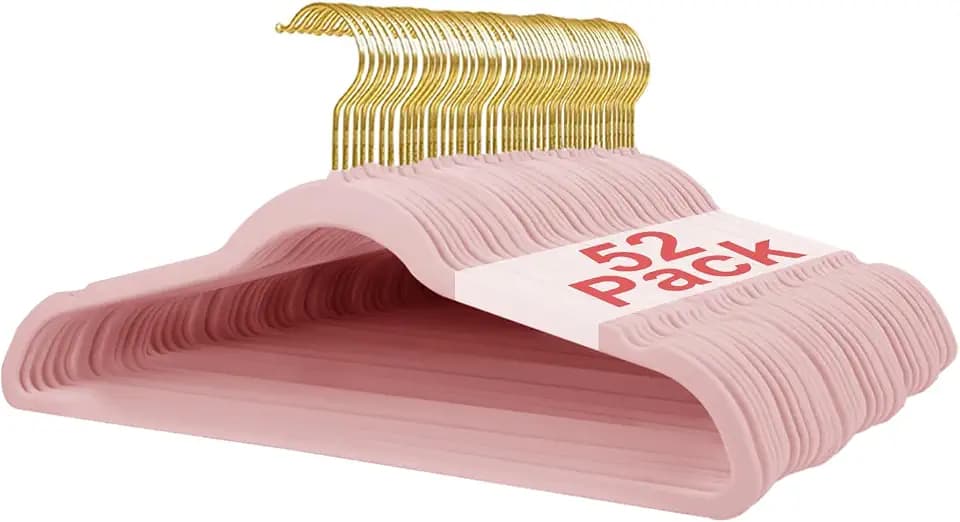 52 Packs Velvet Clothes Hangers, 17.3 Inches Non-Slip Skirt Hangers, Sturdy Dresses Hangers with Shoulder Notches, Space Saving Clothing Hangers for Adults, Pink with Gold Hook