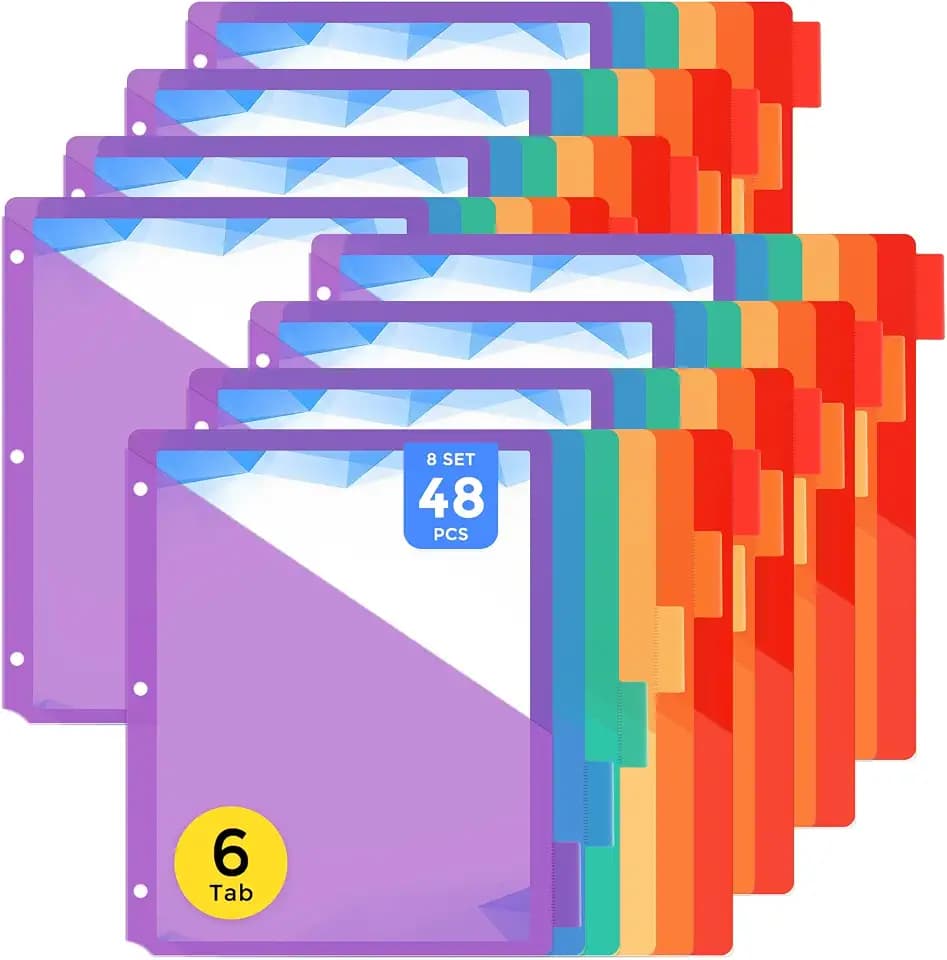 48 Count Binder Dividers with Front Pocket – Dividers for 3 Ring Binder, Plastic Rainbow Colorful Notebook Subject Folders Dividers with Tabs & Insertable Pockets for School, Office, Home Organization