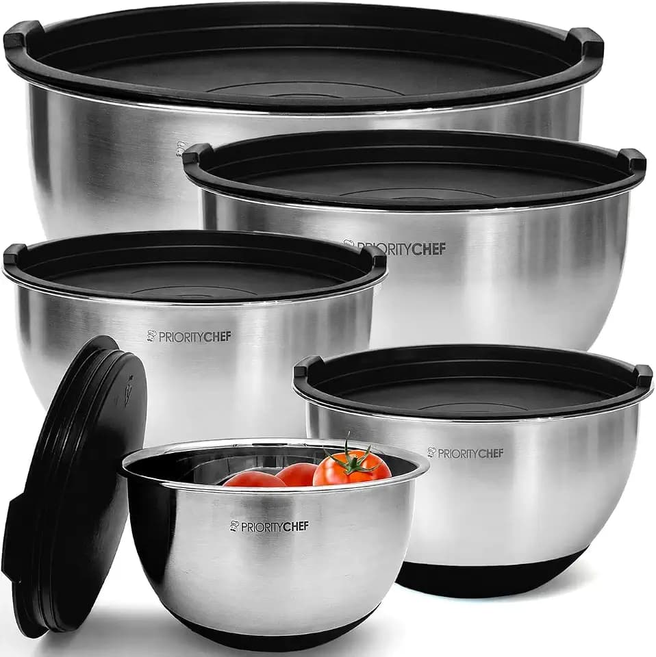 Priority Chef Premium Mixing Bowls With Lids Set, Airtight Lids, Thicker Stainless Steel, Non-Slip Base, 5 Nesting Steel Bowls for Kitchen, Large Prep Metal Bowl Set 1.5/2/3/4/5 Qt, Black