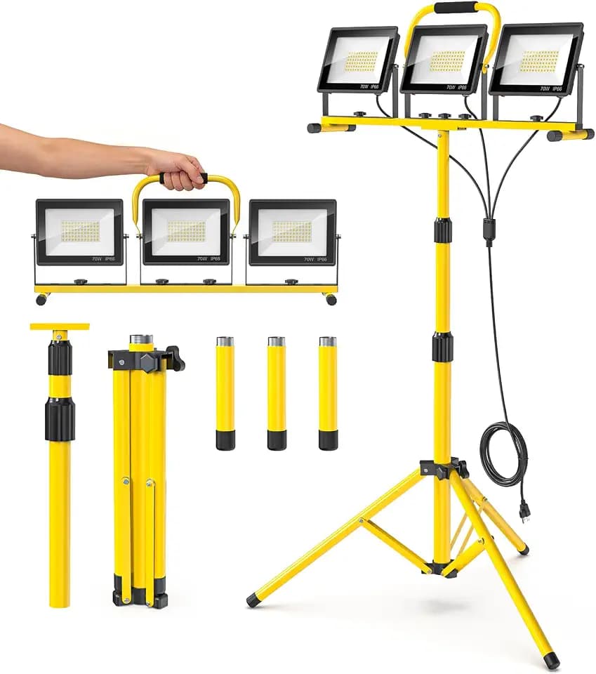 LED Work Lights with Stand: 3 Head Adjustable Work Light with Individual Switch, IP66 Waterproof Foldable Outdoor Tripod Light for Job Site Construction Lighting, Tool Gifts for Men