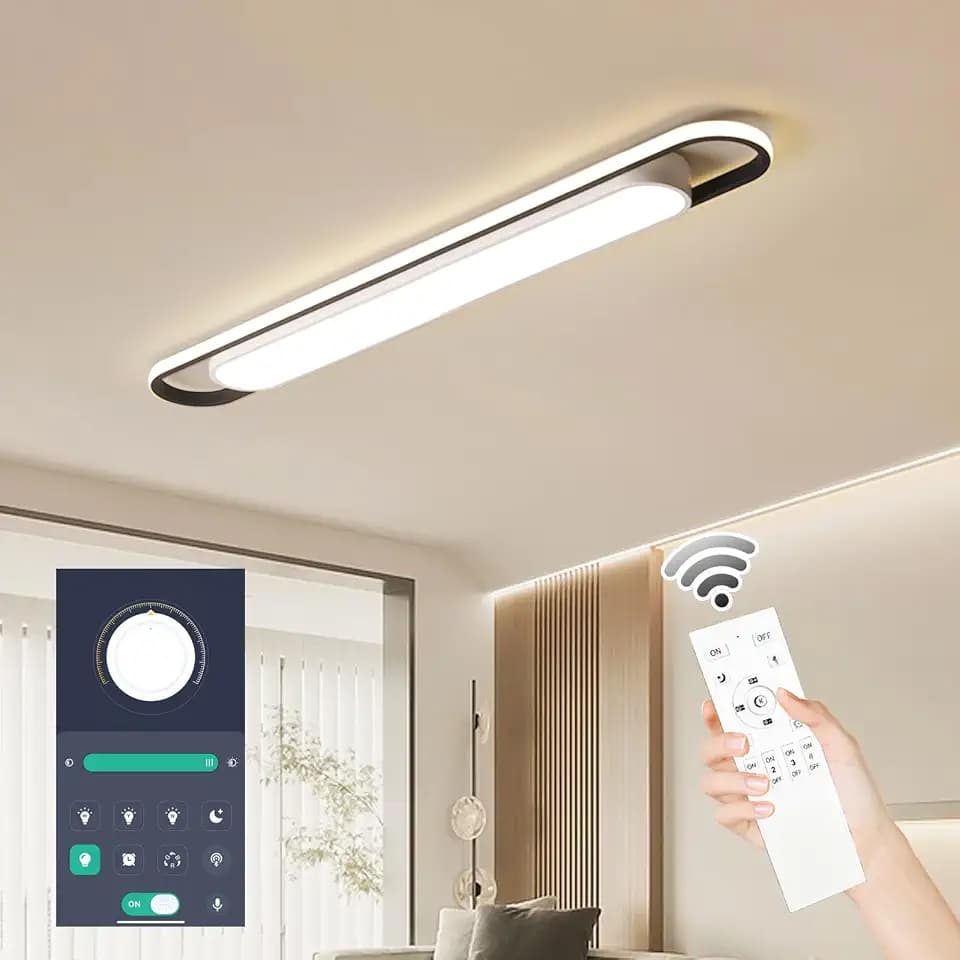 4Ft Modern Smart LED Linear Ceiling Lights Dimmable LED Ceiling Lamp with Remote Control,65W Metal/Acrylic Flush Mount Ceiling Lighting Fixtures for Kitchen Living Room Kitchen Dining Room (48")