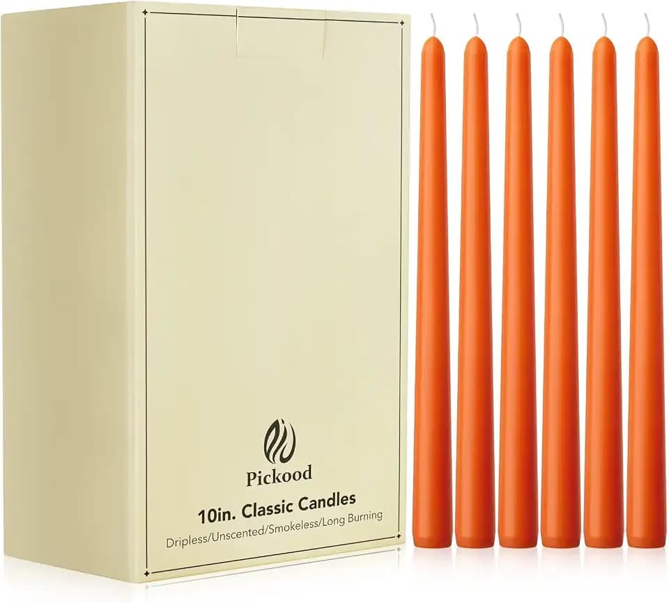 10-Inch Tall Unscented Dripless Taper Candles 30 Pack - Orange, Perfect for Wedding, Dinner - Smokeless, 6-8 Hour Long Burning - Colored Candlesticks Bulk
