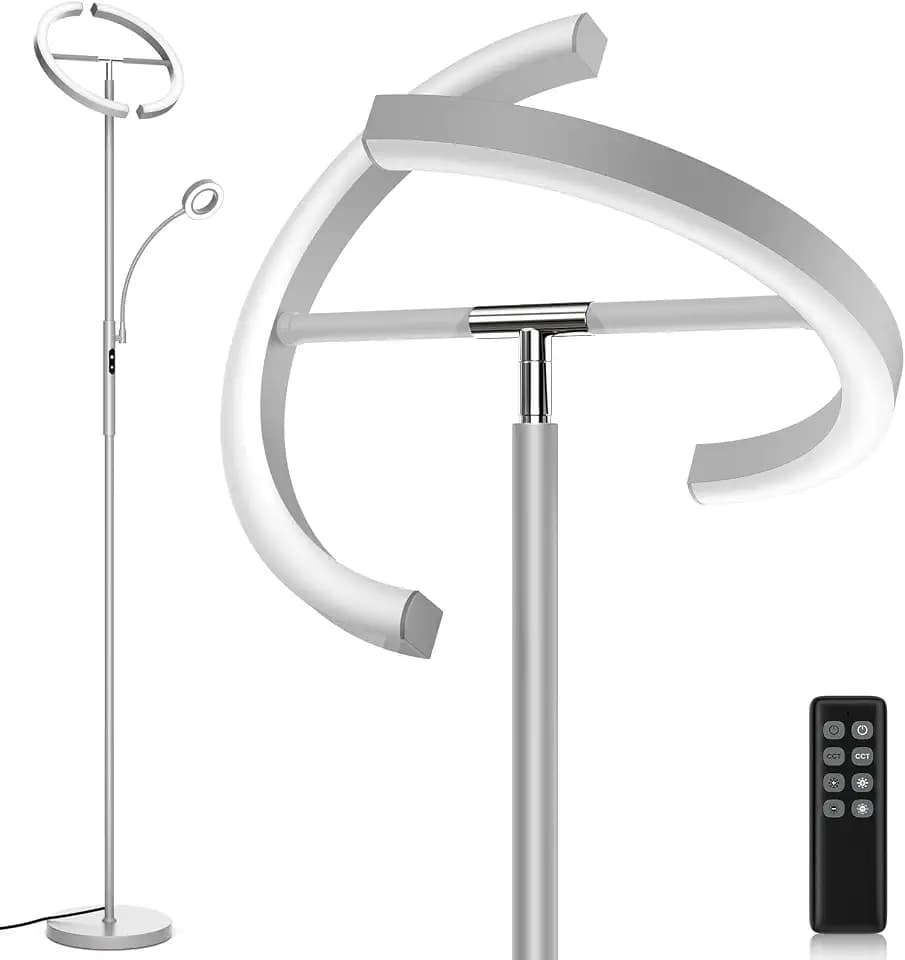 SIBRILLE 2-in-1 Dimmable Floor Lamp with Reading Light - Rotatable Standing Lamp with Remote&Touch Control, Stepless Color Brightness Adustable, Modern Lamp for Living Room Bedroom Office, Silver