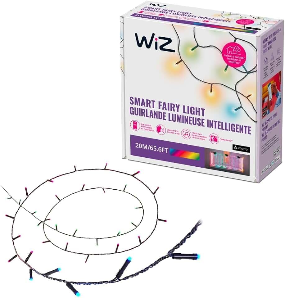 WiZ Connected 65.6ft Fairy Lights, Connected RGB LED Smart Color-Changing Fairy Lights, Static and Dynamic Modes, Music Sync, App and Voice Controls, Works with Alexa, Google Assistant, Apple Home