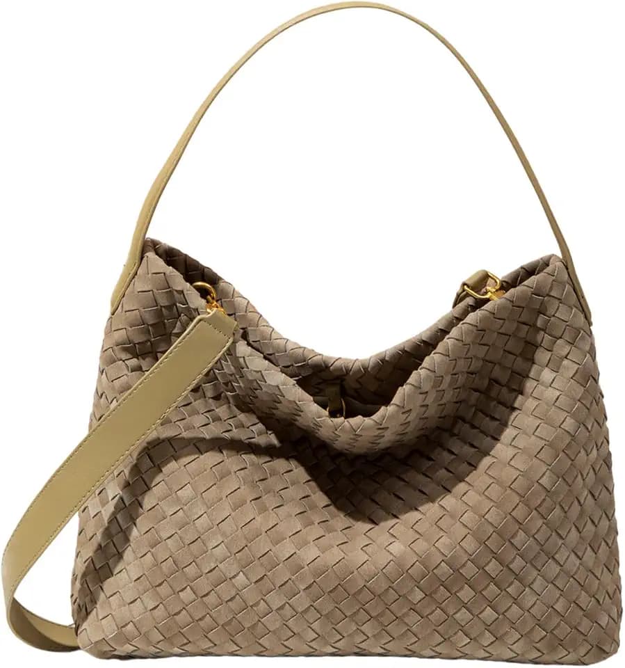 Faux Suede Woven Tote Bag for Women, Large Hobo Shoulder Purse