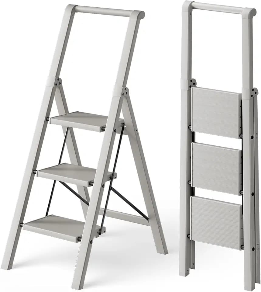 HillhutApex Aluminum 3 Step Ladder, Step Stool Foldable Ladder(Pale Grey)