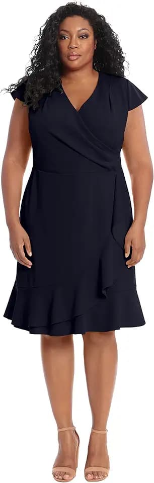 London Times Women's Dresses Feminine Ageless Surplice V-Neck Faux Wrap Ruffle Dress Office Event Shower Guest of