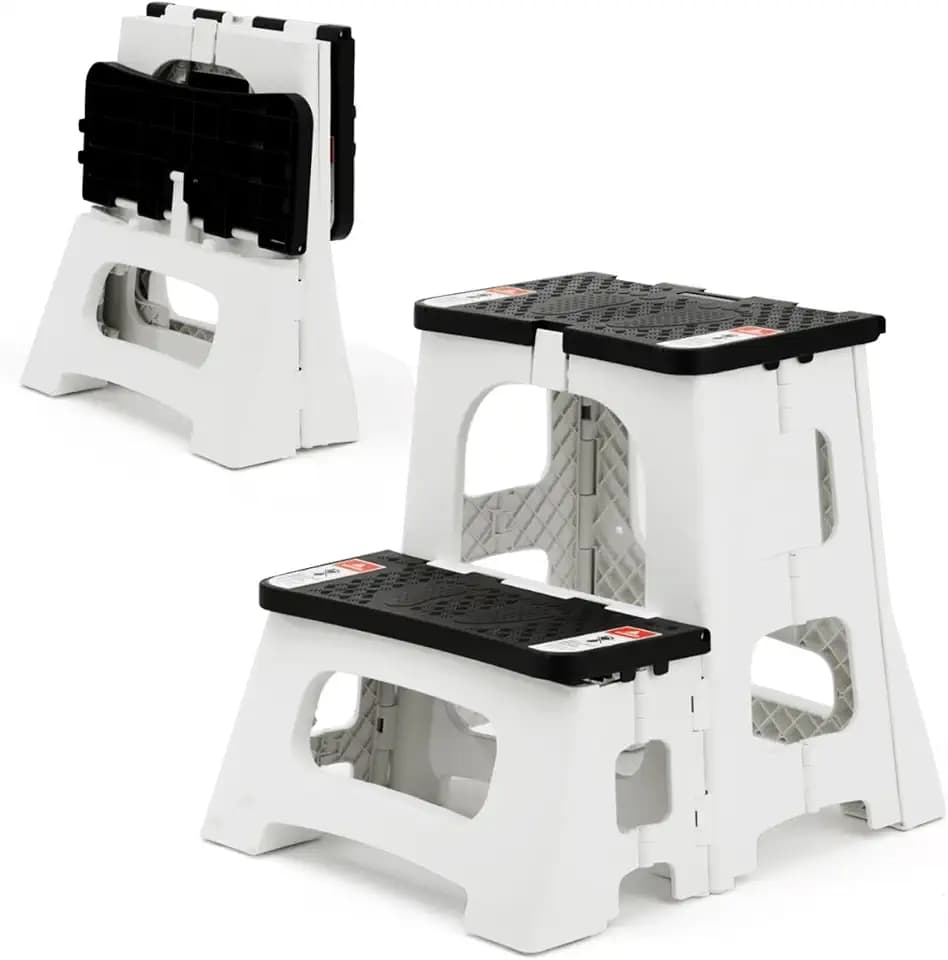 Folding Step Stool, 2-Step 8" 17", Non-Slip, 300lb Capacity