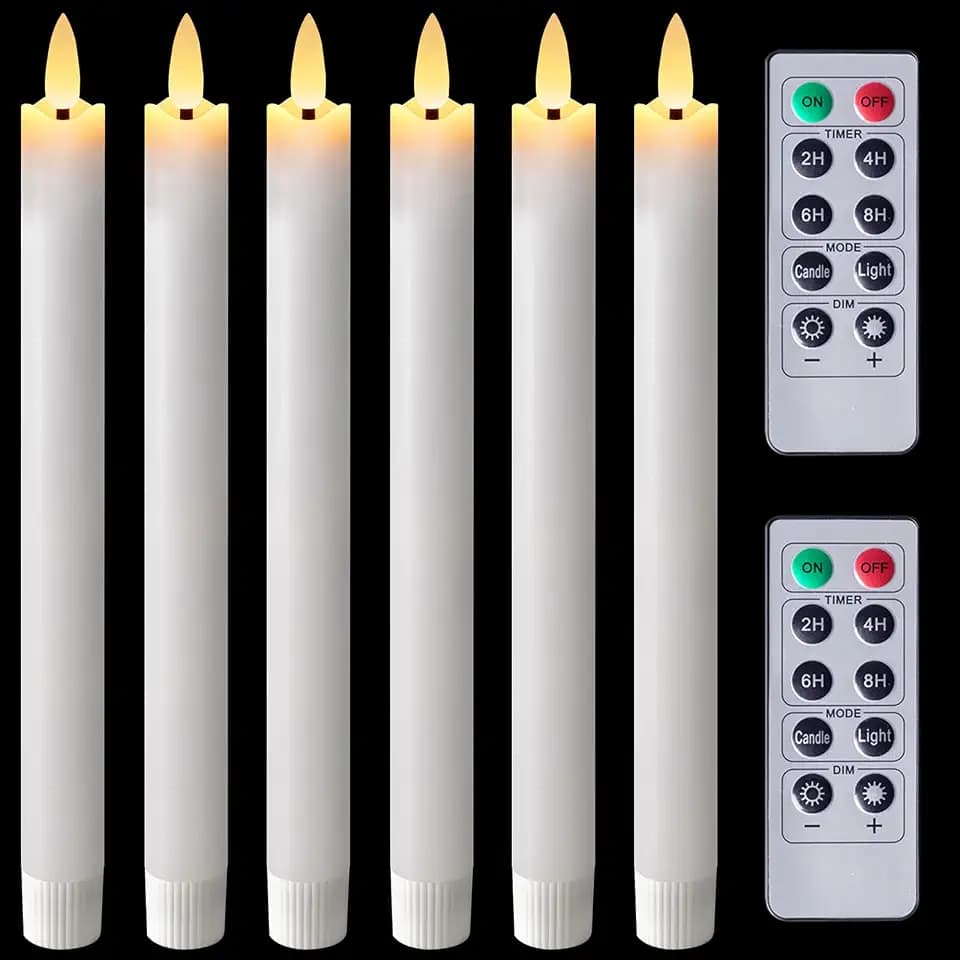 Homemory 9.6 Inches Waxy Flameless Taper Candles with Remote Timer Dimmer, Flickering LED Candlesticks, Battery Operated Window Candle for Christmas Wedding Decor, 6 Pcs White Wavy Taper Candles