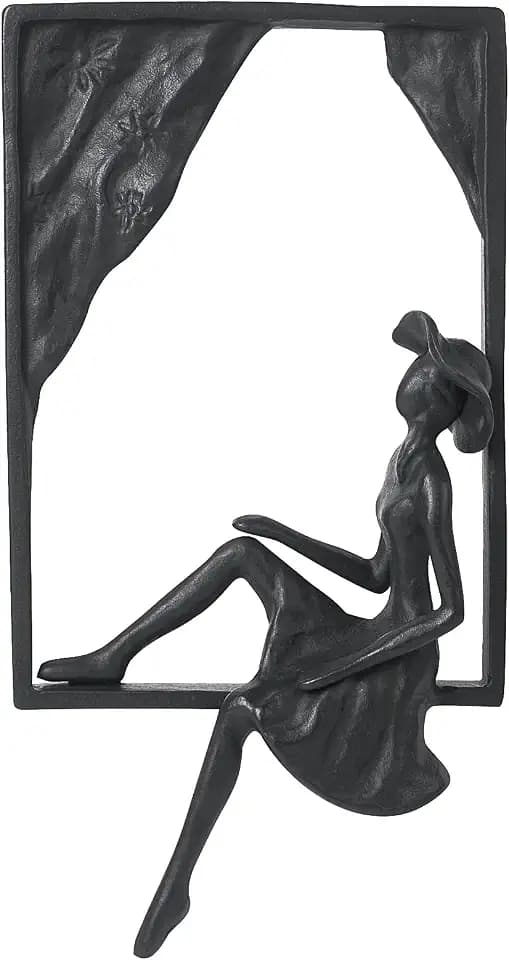 DreamsEden Cast Iron Girl Statue Lady Sit On Window Wall Art Sculpture Decorative Plaque Metal Wall Frame Ornament for Home Living Room