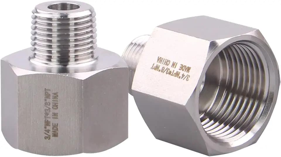 Forged Reducer Adapter Fitting - Stainless Steel 304 Reducing Pipe Connector, 3/4" NPT Female x 3/8" NPT Male (pack of 2)