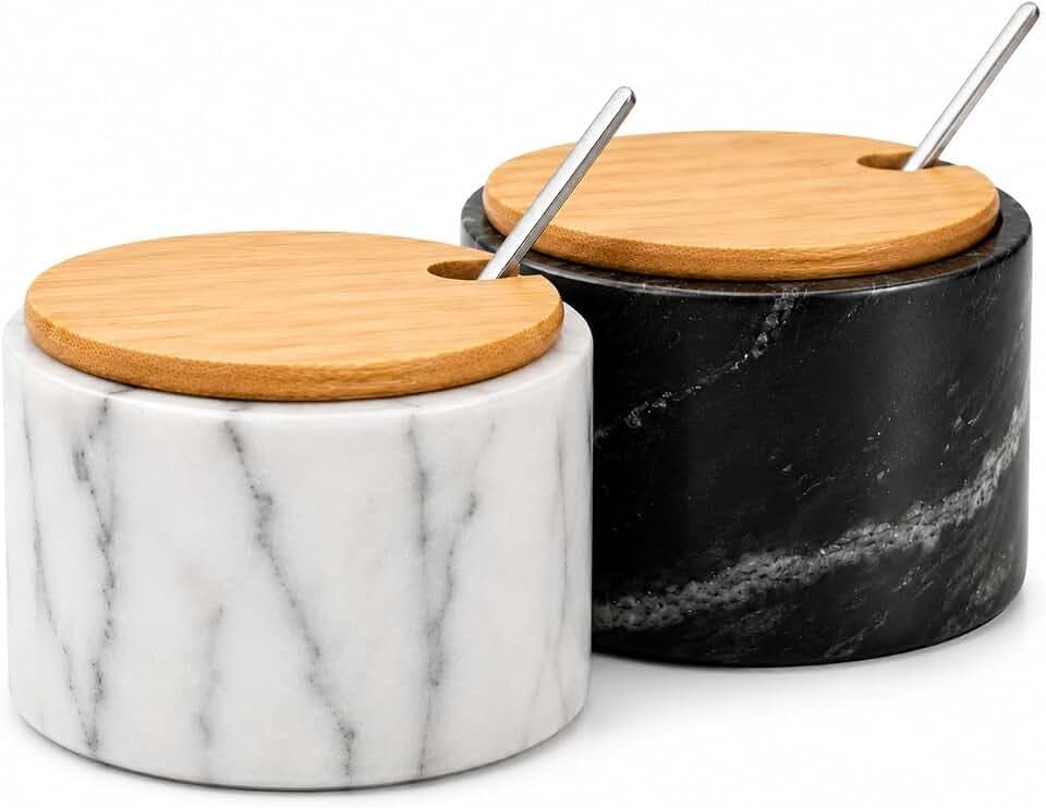 Marble Salt Cellars with Lids and Spoons, Salt and Pepper Spice Cellar Set