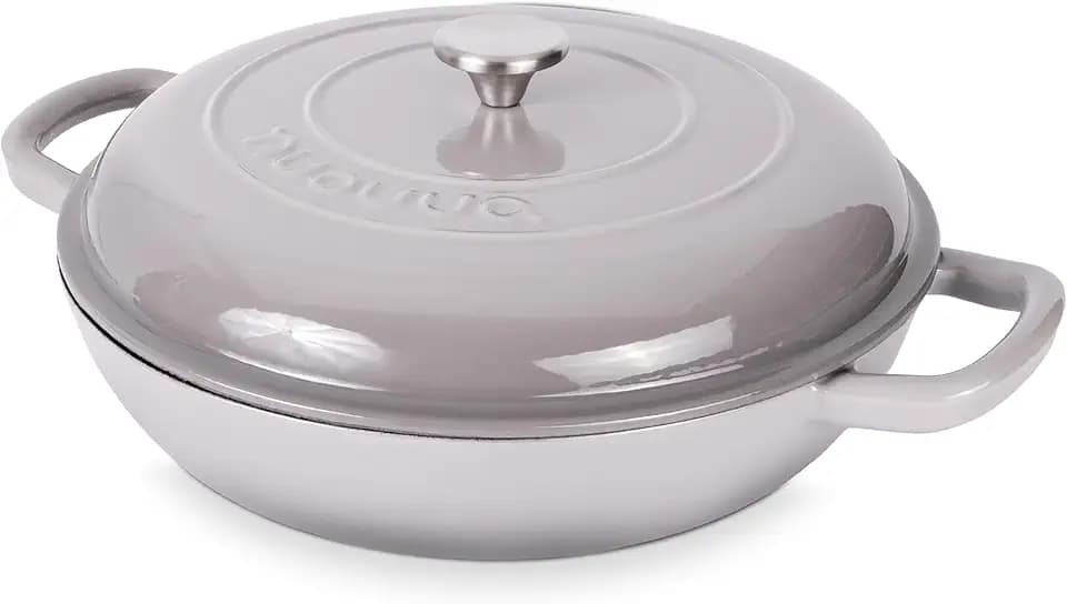 Shallow Cast Iron Casserole with Lid – Non Stick Dutch Oven Pot, Oven Safe up to 500° F – Sturdy Ovenproof Stockpot Cookware – Enamelled Cooking Pot – Grey, 5-Quart, 32cm – by Nuovva