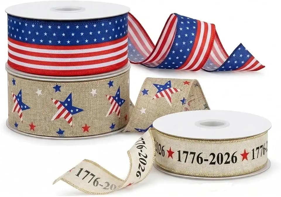 1776-2026 Patriotic Wired Burlap Ribbon Set, 15 Yards for Wreaths & DIY