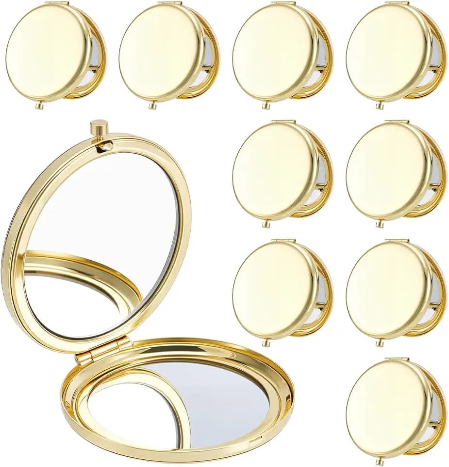 arricraft 10 Pcs Small Folding Makeup Pocket Mirror, Golden Double-Sided 1X/2X Magnifying Round Metal Mirrors for Women Travel Work Date