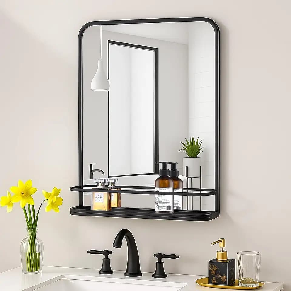 VASUHOME Black Bathroom Mirror with Shelf, 24"x36" Wall Mounted Vanity Mirror with Metal Frame & Rounded Corners, Storage Shelf for Bathroom, Bedroom, Living Room, Entryway