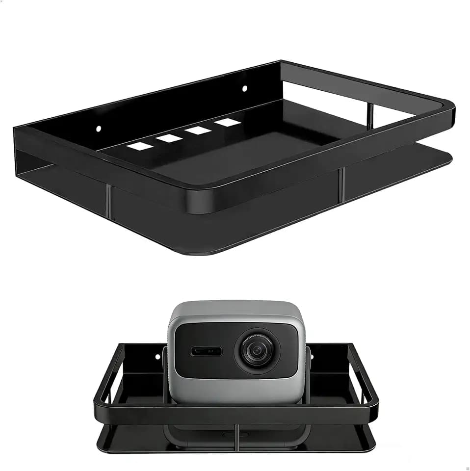 Beamer Wandhalterung mit Erhöhtem Geländer und Schraubensatz, Metall Projector Stand für TV Box, Router, Receiver, DVD Player, TV Zubehör (Schwarz)