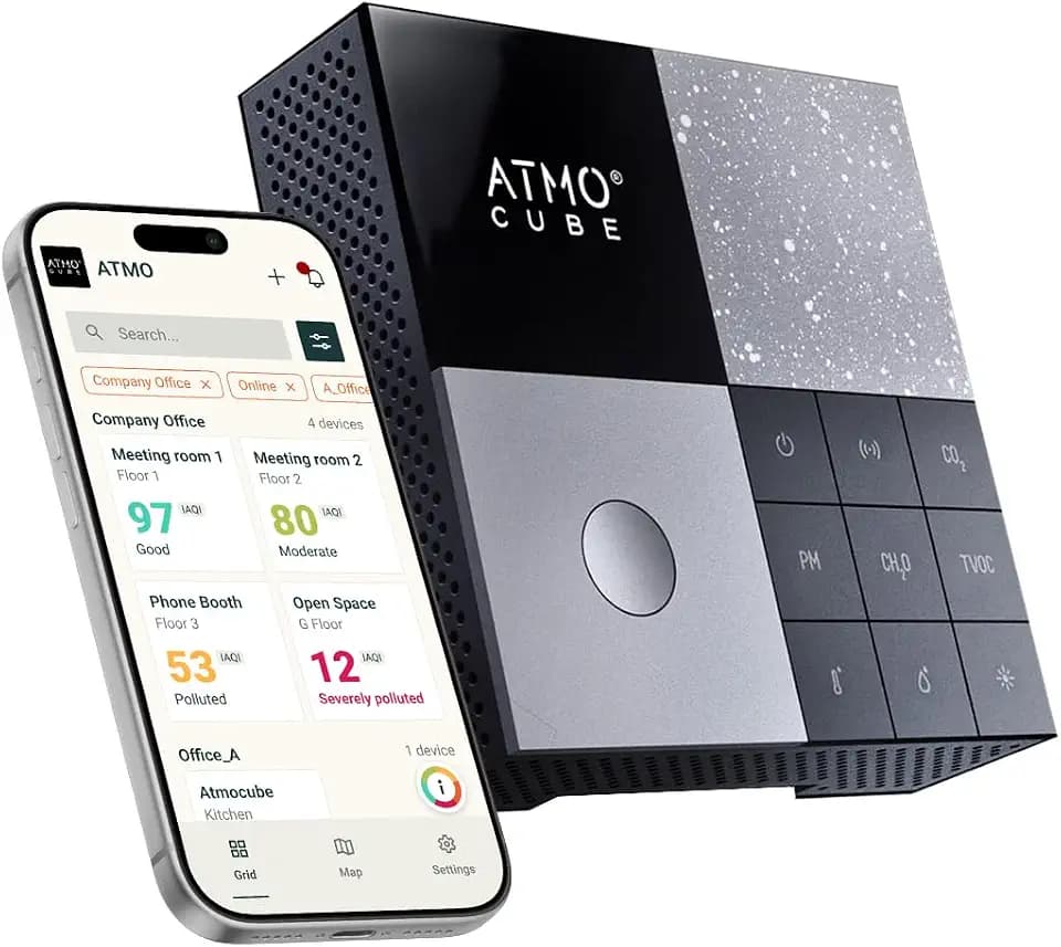 Atmocube Professional 12-in-1 Indoor Air Quality Monitor – CO2, PM2.5, Formaldehyde (CH2O), TVOCs, NOx, Noise & Light Sensor – Wi-Fi, Ethernet & PoE Connectivity – Real-Time Smart Cloud Dashboard
