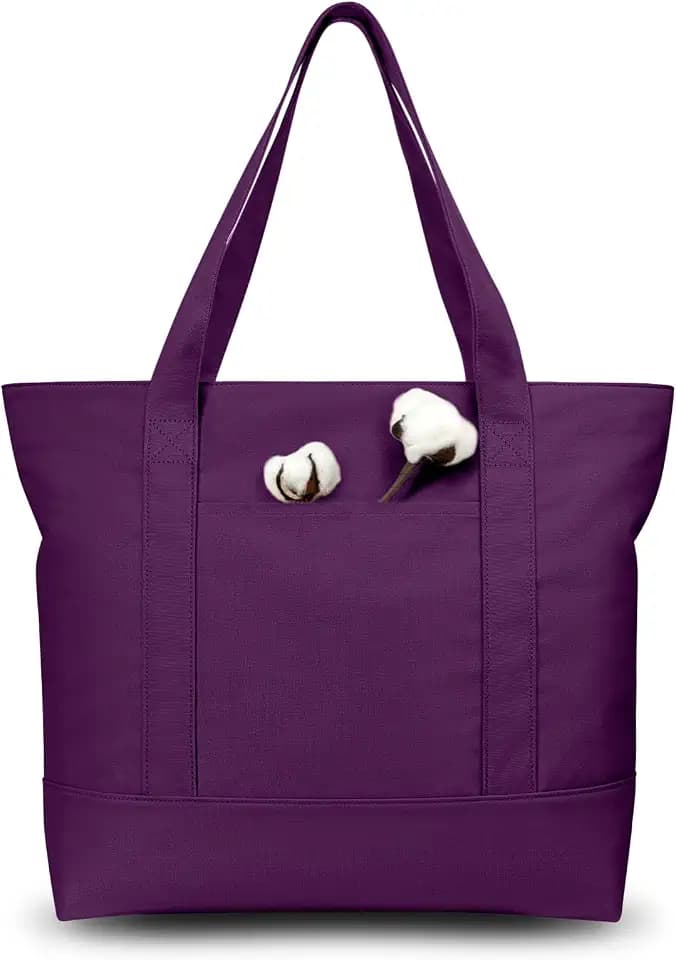 TOPDesign 1-Pack Canvas Tote Bags with an External Pocket, Reusable Grocery Shopping Bags, Top Zipper Closure, Daily Essentials (Purple)