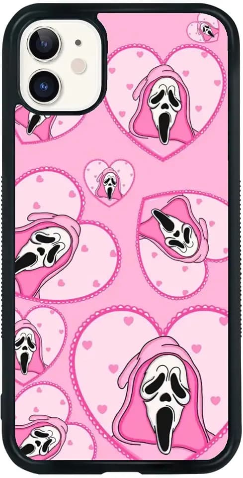 Cute Skull Skeleton Black Border Case Compatible with iPhone 15 Pro, Horror Unique Pink Halloween Ghost Pattern Design Case for Teens Men and Women