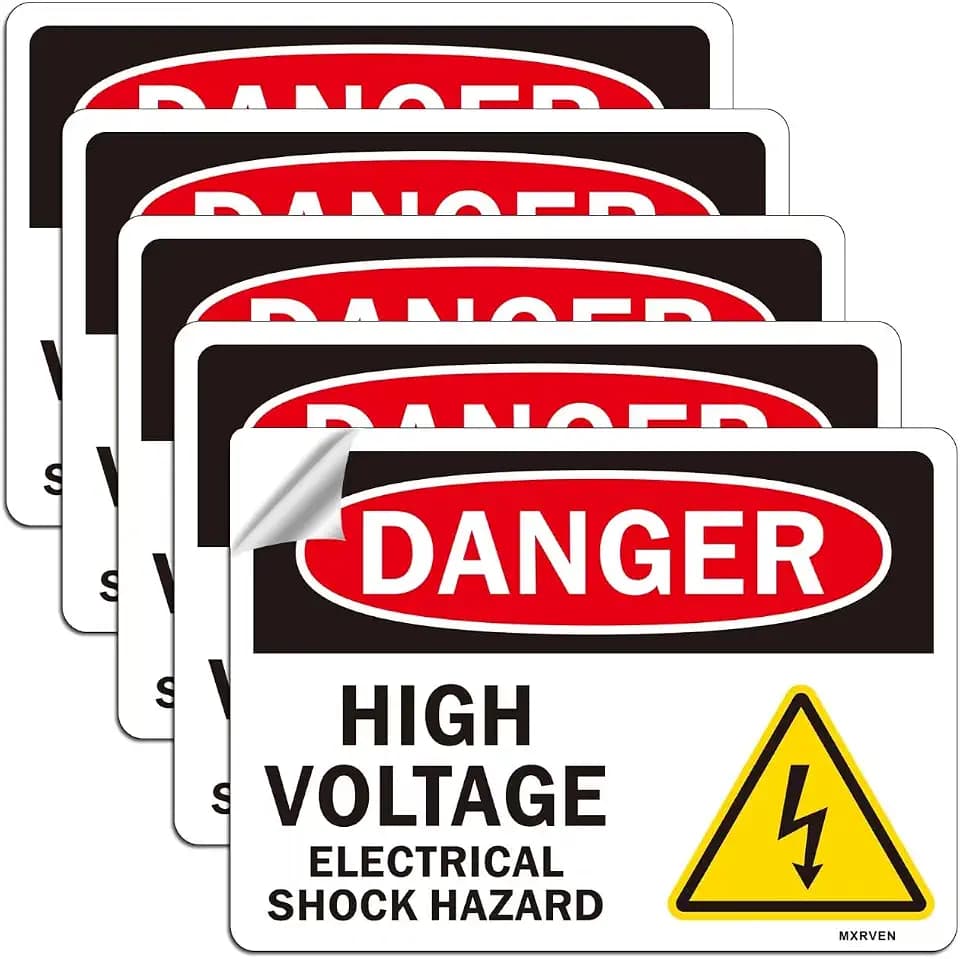 Danger High Voltage Sign 5 Pack, Electrical Shock Hazard Warning Sticker, 10X7 inches, Weatherproof, Indoor or Outdoor Use