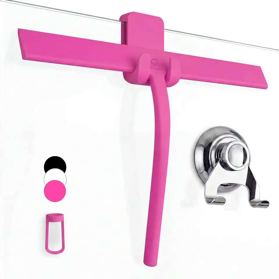 GÜTEWERK Silicone Shower Squeegee with 3-in-1 No-Drill Mount, Pink, 15''