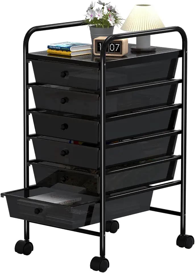 6 Tier Utility Rolling Cart with 6 Drawers Multipurpose Rolling Storage Cart with Wheels and Handles for Office Classroom Kitchen Bathroom Bedroom Organization Black