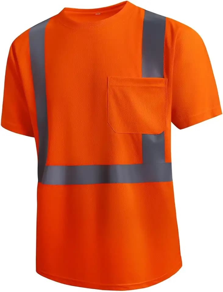 SKSAFETY High Visibility Safety Shirts for Men with Reflective Tapes - Quick Dry Class 2 Hi Vis Construction Work Shirts for Men, Short Sleeve Breathable Birdeyes T-Shirts with Pocket Orange