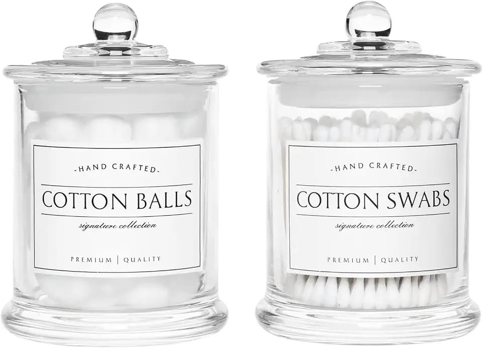 Volisnova 2 Pack Farmhouse Apothecary Jars with Lids - Glass Qtip Dispensers and Cotton Ball Holders for Bathroom Vanity Storage and Organization with 8 Pcs Wterproof Labels (Clear Glass)