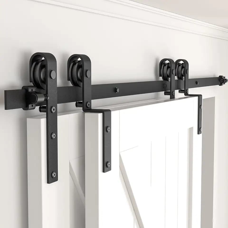 7.5FT Bypass Sliding Barn Door Hardware Kit, Combination Track Mode Sliding Door Hardware, Single Track Bypass Barn Door Hardware for Double Wooden Doors,(no Door) (7.5 Feet)