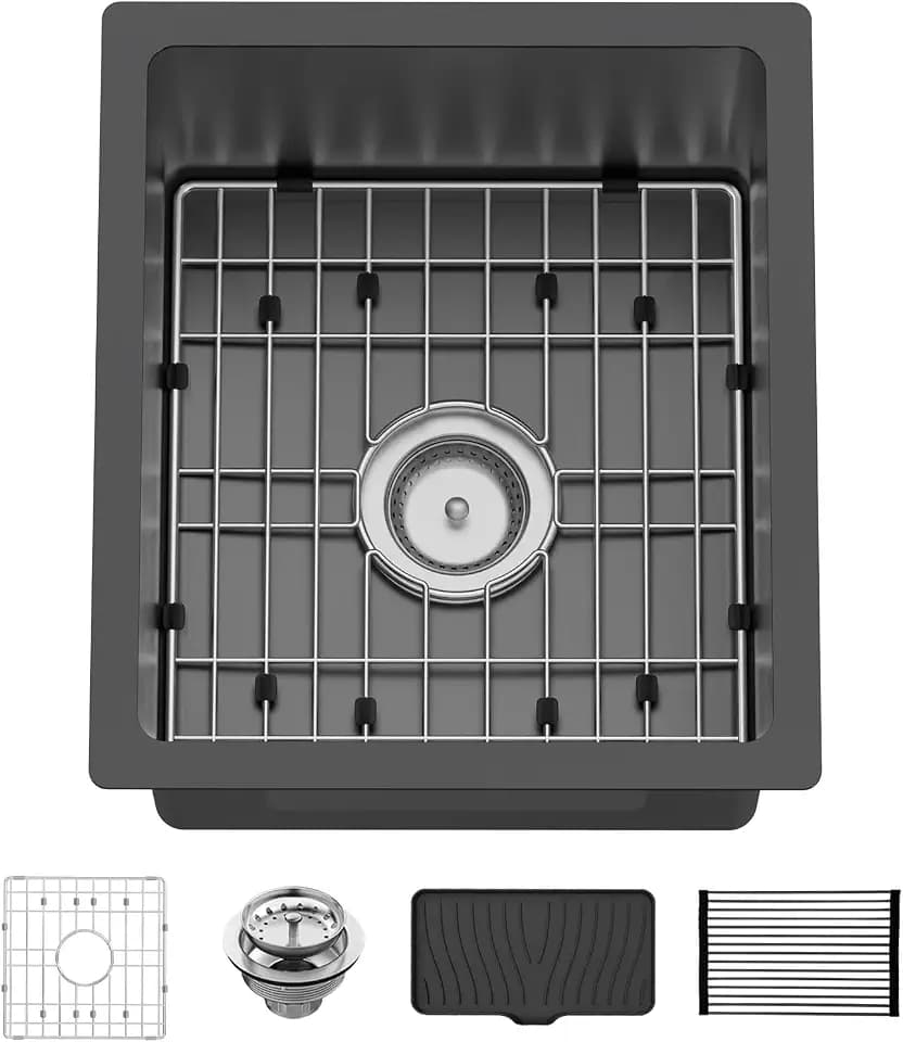 Black 15x17In Undermount Kitchen And Bar Sink- Stainless Steel Single Bowl Modern Drop In Kitchen&Bar Sink With SS Grid,Silicon Mat,Colander,Drain Strainer Compatibility With Various Kitchen&Bar Style