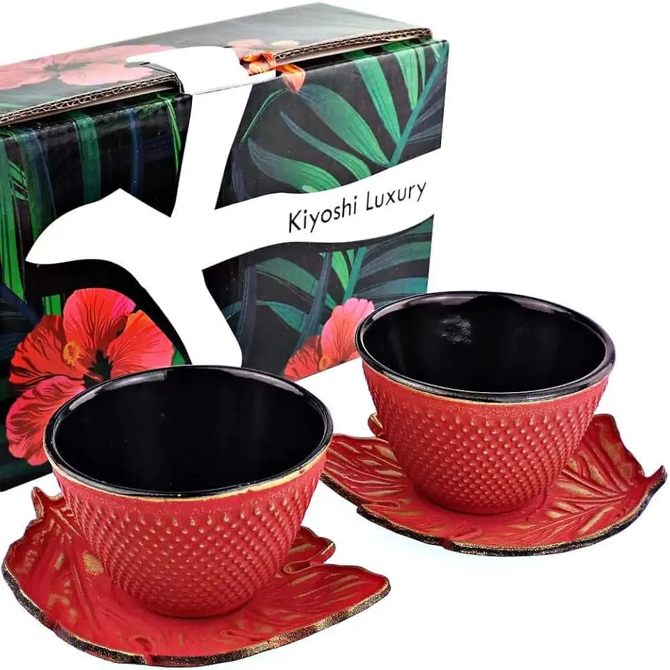Red Cast Iron Tea Cup Set of 2 with Leaf Saucers