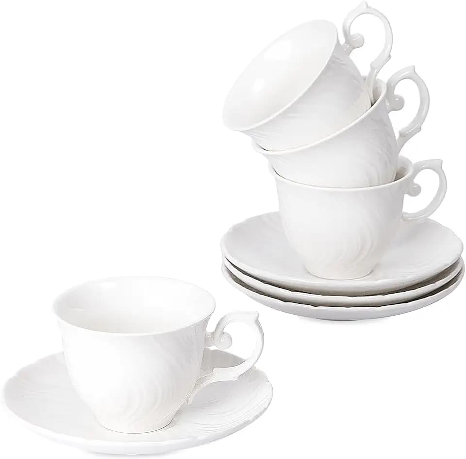 Agyiuns tea cups and saucers ceramic coffee mug 6oz for Coffee, Latte, Café Mocha and Tea-Set of 4 (Pure white set of 4)