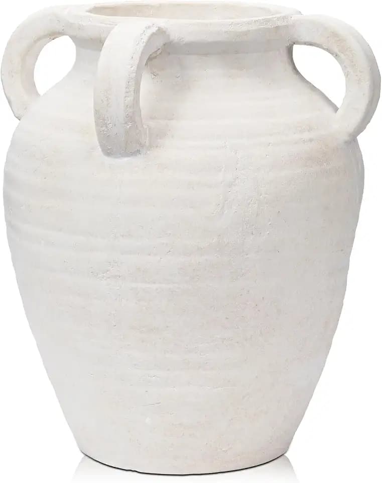 Handcrafted Flower Vase, 9.8" Tall Terracotta Vase, Vintage White Ceramic Vase, Rustic Antique Decor with 4 Handles, Wide Mouth, Matte Finish for Home Office Resto Café Décor