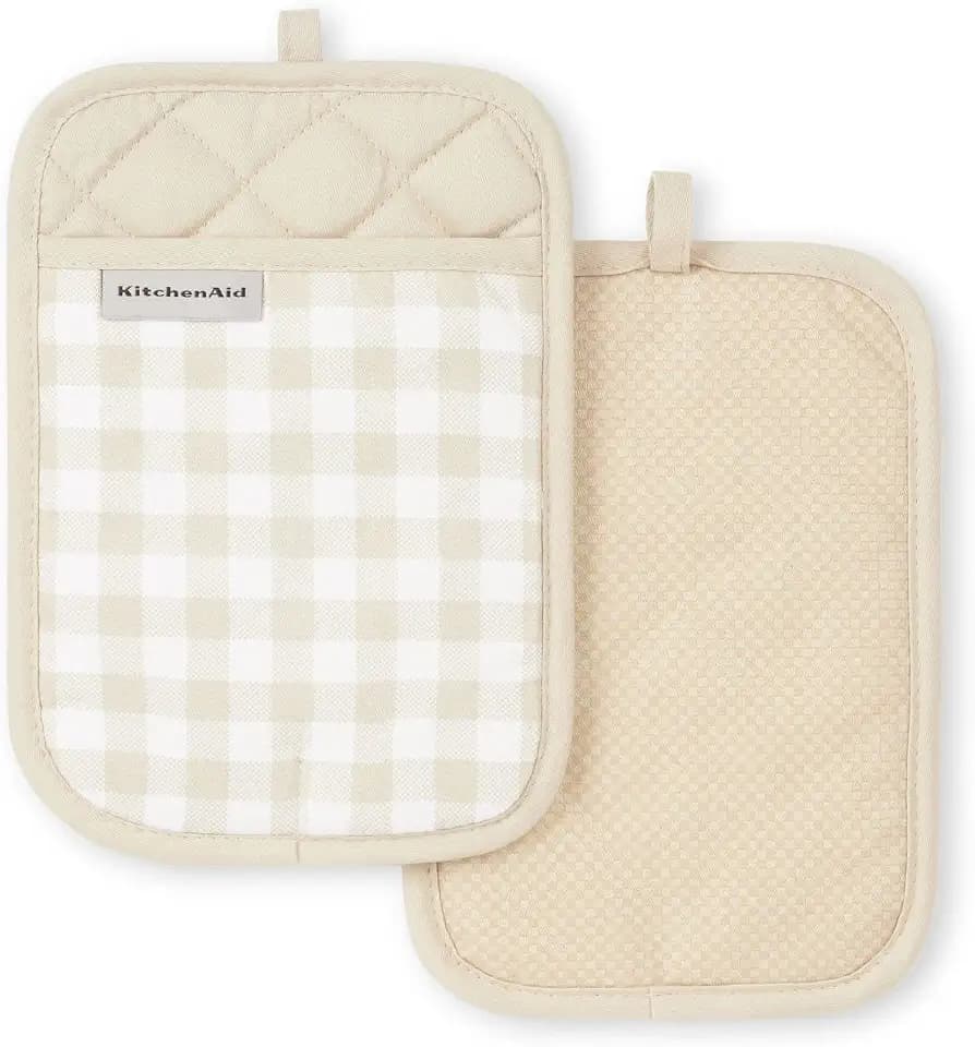 KitchenAid Gingham Pot Holder 2-Pack Set, Milkshake Tan, 7"x10"