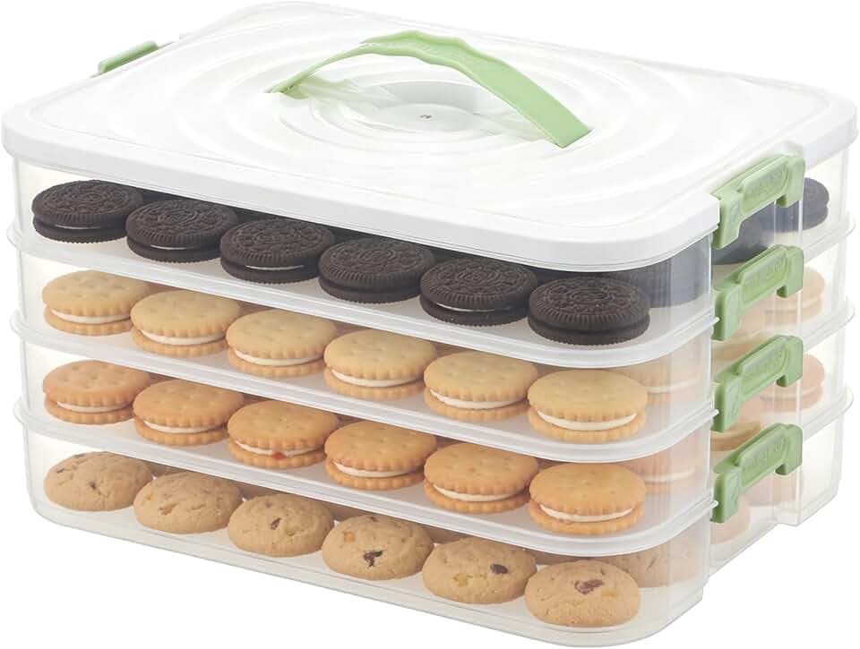 FMOACEN 4-Layer Airtight Cookie Storage Box with Handle and Lid Stackable Cookie Container Food Storage Container for Dumplings Wontons Desserts and Snacks Portable Organizer for Fridge and Pantry