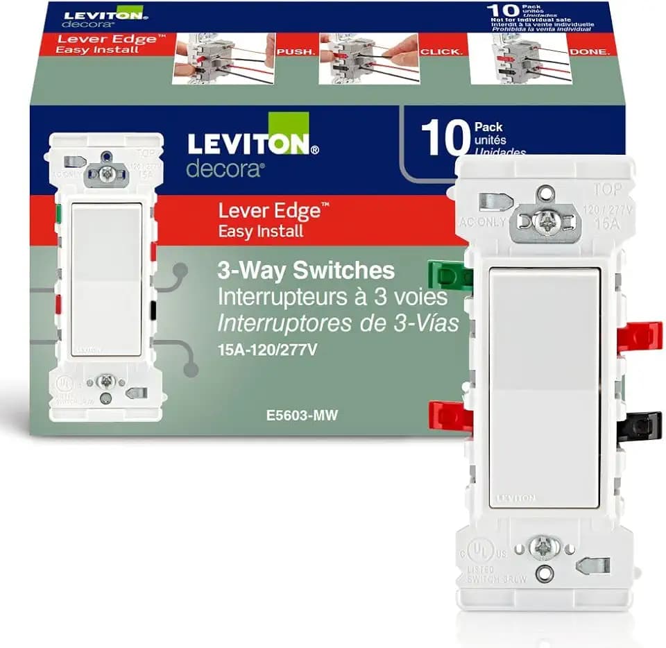 Leviton Lever Edge 15 Amp 3-Way Rocker Switch, 10-Pack, E5603-MW, White