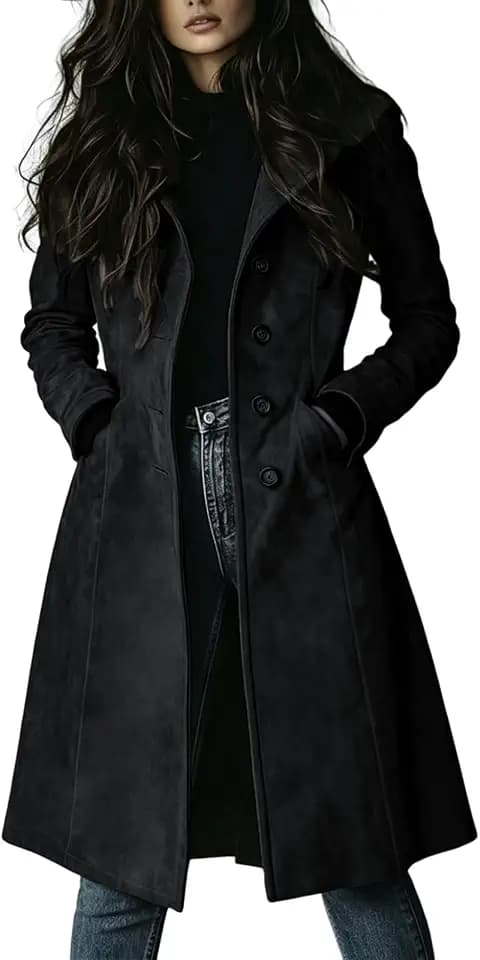 utcoco Womens Long Suede Leather Single Breasted Trench Coat with Pocket