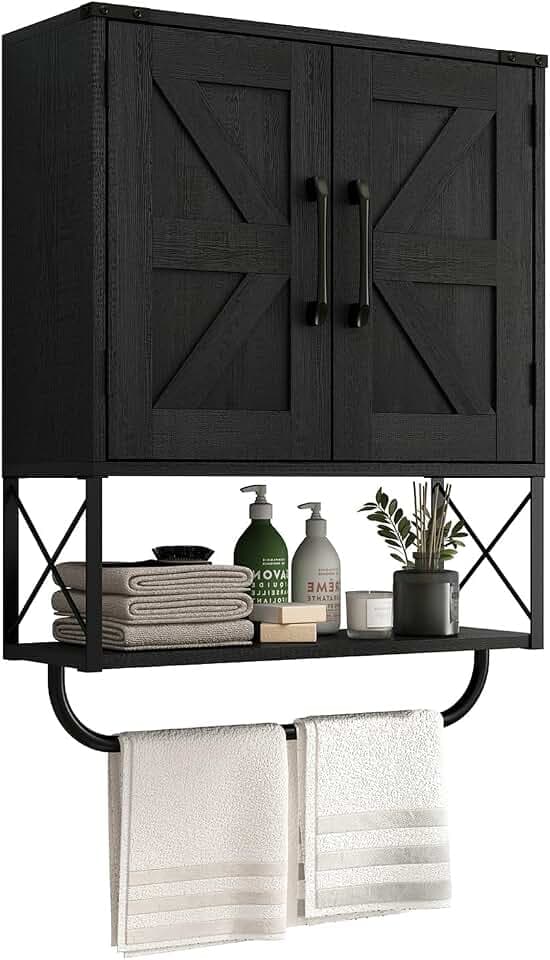 RUSTOWN Farmhouse Medicine Cabinet with 2 Barn Door & Towel Bar Rack