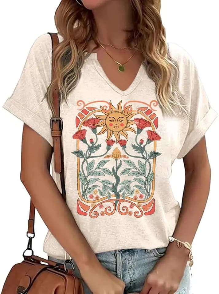 Womens Flowers V Neck Shirt Vintage Boho Floral Wildflowers Graphic Tees Casual Cottagecore Short Sleeve T Shirts