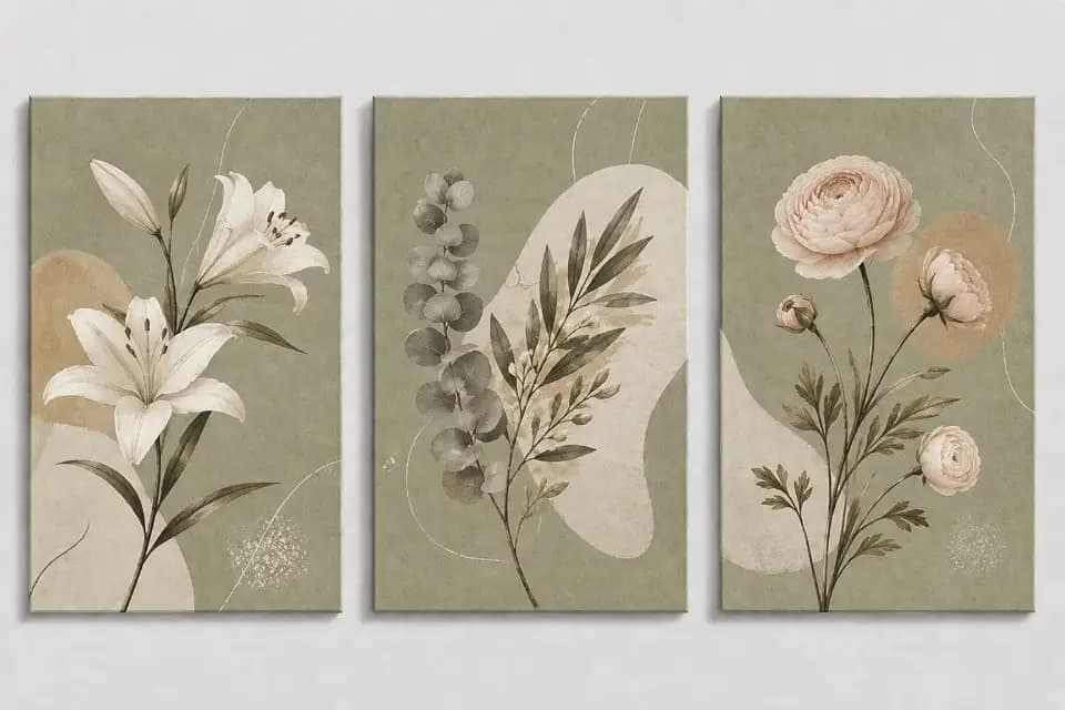 ICE ARMOR Large Set of 3 Sage Green Botanical Wall Art Neutral Floral Canvas Prints Minimalist Boho Farmhouse Living Room Bedroom Decor 16x24 Inch Frameless Canvas Print - Ready to hang
