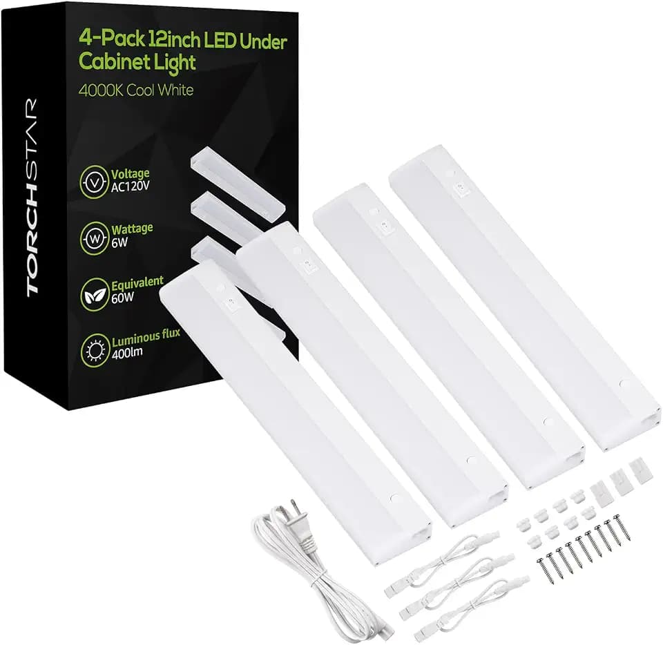 TORCHSTAR Plug in Under Cabinet Lighting, ETL Listed Linkable LED Under Cabinet Light Kit, Individual Control, 12 Inch, 4000K Cool White, 6W, Pack of 4