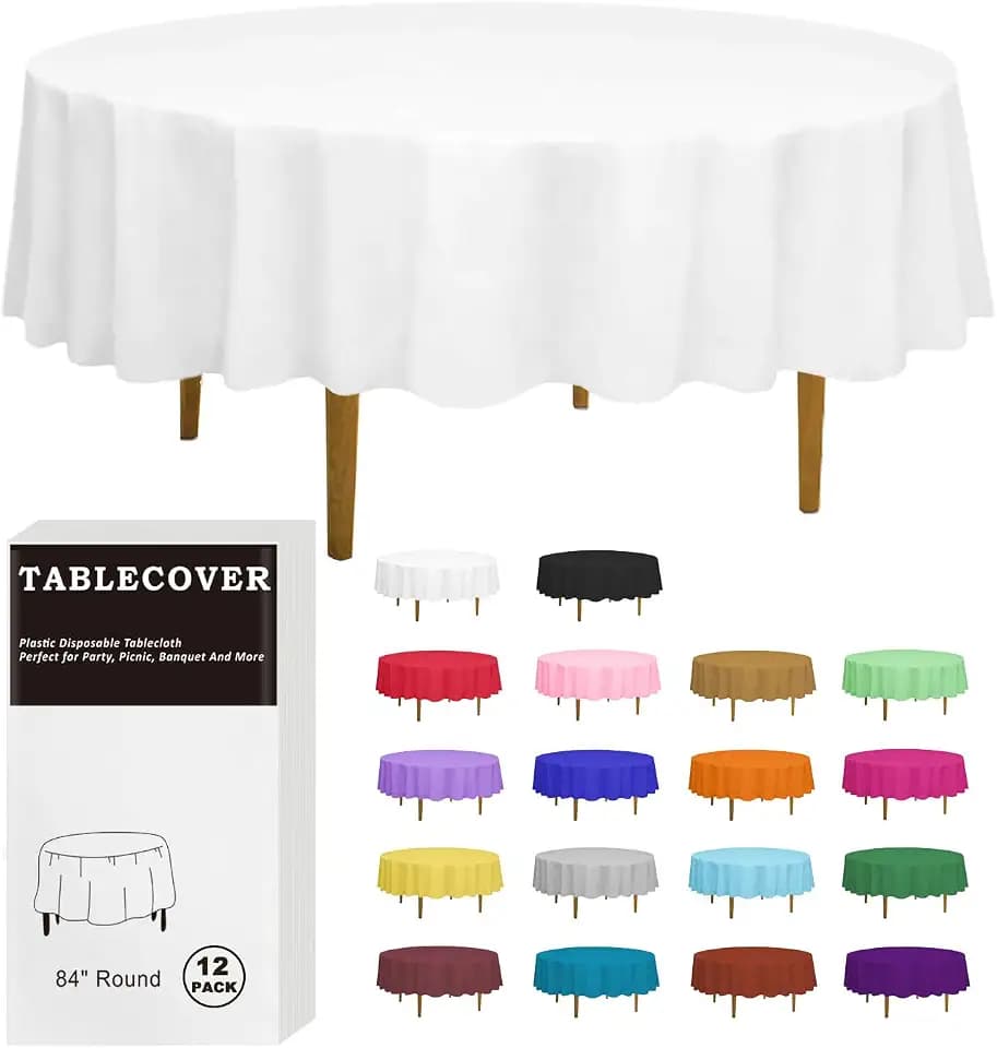 D&Z 12 Pack White Disposable Plastic Tablecloth, 84" Round Table Cover